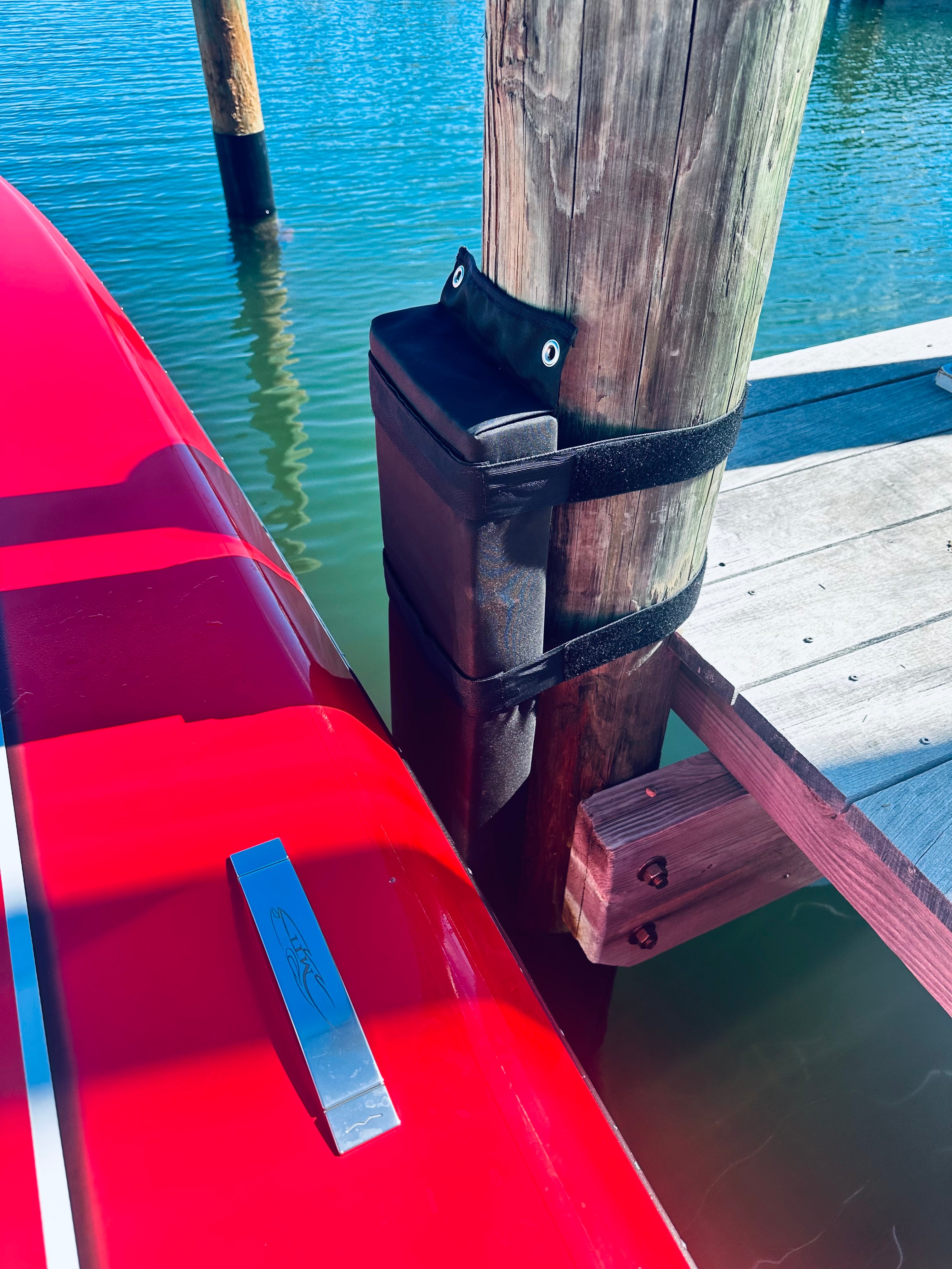 Three blue store boat dock pier bumpers covers lake